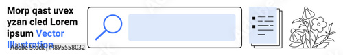Online search, data organization, information management, user interface design, navigation tools, creativity concept. Search bar with magnifying glass, document and flower graphic. Online search