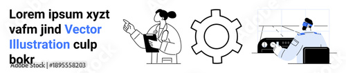 A doctor holding a clipboard, a central gear component, and a technician operating controls. Ideal for healthcare innovation, engineering, diagnostics, automation, AI systems, and simple landing