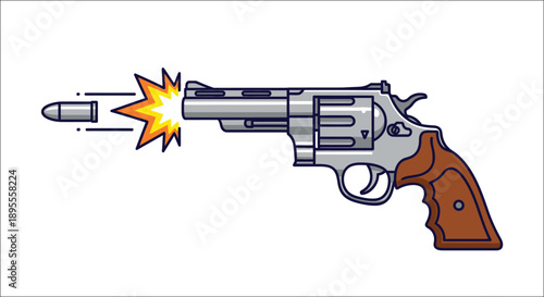 Silver revolver firing a bullet with a bright orange and yellow muzzle flash