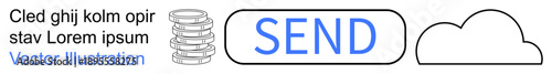 Data transfer, digital banking, cloud storage, button functionality, online communication, financial services. Stack of coins, Send button cloud symbol. Data transfer and digital banking concept