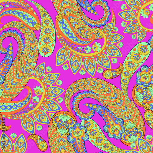 Paisley seamless vector pattern with fantastic flowers and leaves. Bohemian textile print inspired by batik. Vintage style