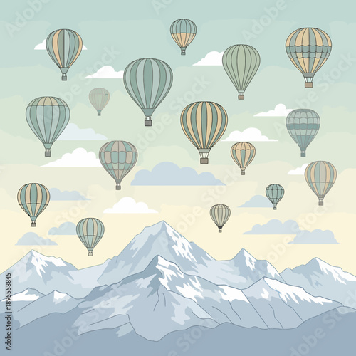 Illustration of numerous hot air balloons floating above snow-capped mountains and clouds in a pastel sky.