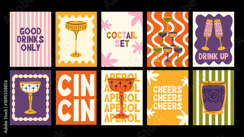 Cocktail posters for kitchens and party cards featuring drinks in jars and glassware. Cartoon 90s style wall art for cafes, restaurants and festive gift cards.