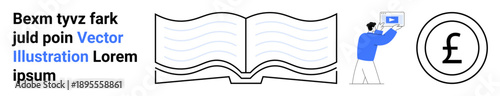 Open book with wavy lines, pound symbol in a circle, and person holding a laptop with video play. Ideal for e-learning, education, online courses, writing, publishing, finance and a simple landing