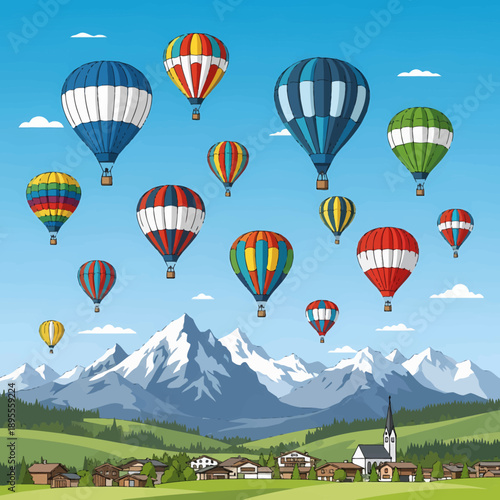 Colorful hot air balloons floating over a picturesque mountain range with a charming village nestled in the valley below under a clear blue sky.