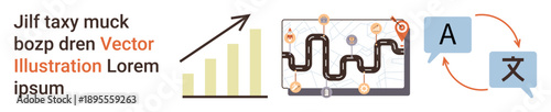 Business growth, global communication, language translation, progress tracking, digital analytics, data visualization. Chart, roadmap with milestones language translation icons. Business growth