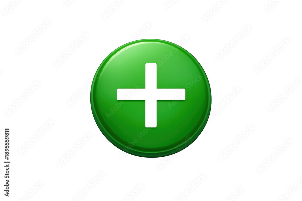 Fototapeta premium Green glossy 3d plus sign button icon for adding, creating, or increasing web elements, isolated on transparent background