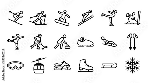 Set of 18 Winter Sport and Skiing Line Icons Featuring Downhill Skiing, Snowboarding, Figure Skating, Ice Hockey, Curling, Bobsleigh, Luge, Snowmobile, Gondola, and Equipment in Minimalist Vector