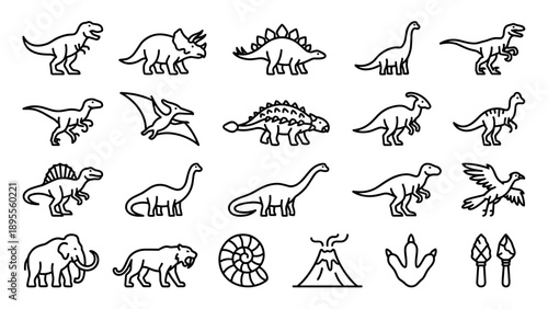 Set of Minimalist Dinosaur and Prehistoric Line Icons Featuring T-Rex, Triceratops, Stegosaurus, Mammoth, Saber-Toothed Tiger, Fossils, and Volcano in a Clean Uniform Stroke Vector Style.