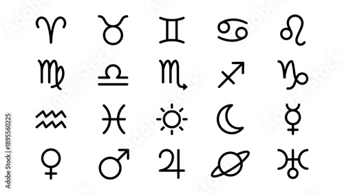Set of 20 Minimalist Astrology and Zodiac Sign Line Icons Featuring Celestial Symbols, Planets, and Horoscope Signs in a Clean Vector Style with Uniform Stroke Width on a White Background.