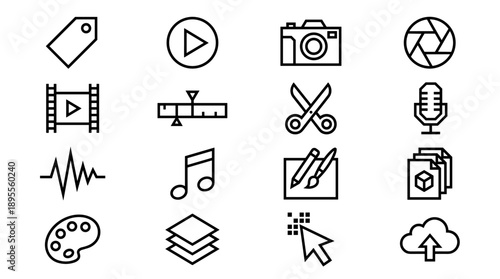 Set of 16 Minimalist Black and White Vector Icons for Creative Media and Design Projects. Includes Symbols for Photography, Video Editing, Audio Recording, Graphic Design, and Multimedia Tools.