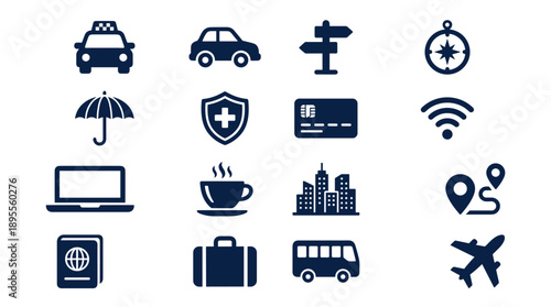 Set of 16 Travel and Transportation Vector Icons Featuring Taxi, Car, Signpost, Compass, Umbrella, Insurance, Credit Card, Wi-Fi, Laptop, Coffee, City, Map Route, Passport, Luggage, Bus, and Airplane