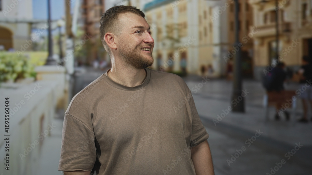 Obraz premium Man smiling and looking sideways on a city street in a short sleeved brown t shirt, beard visible; contentment curiosity travel.