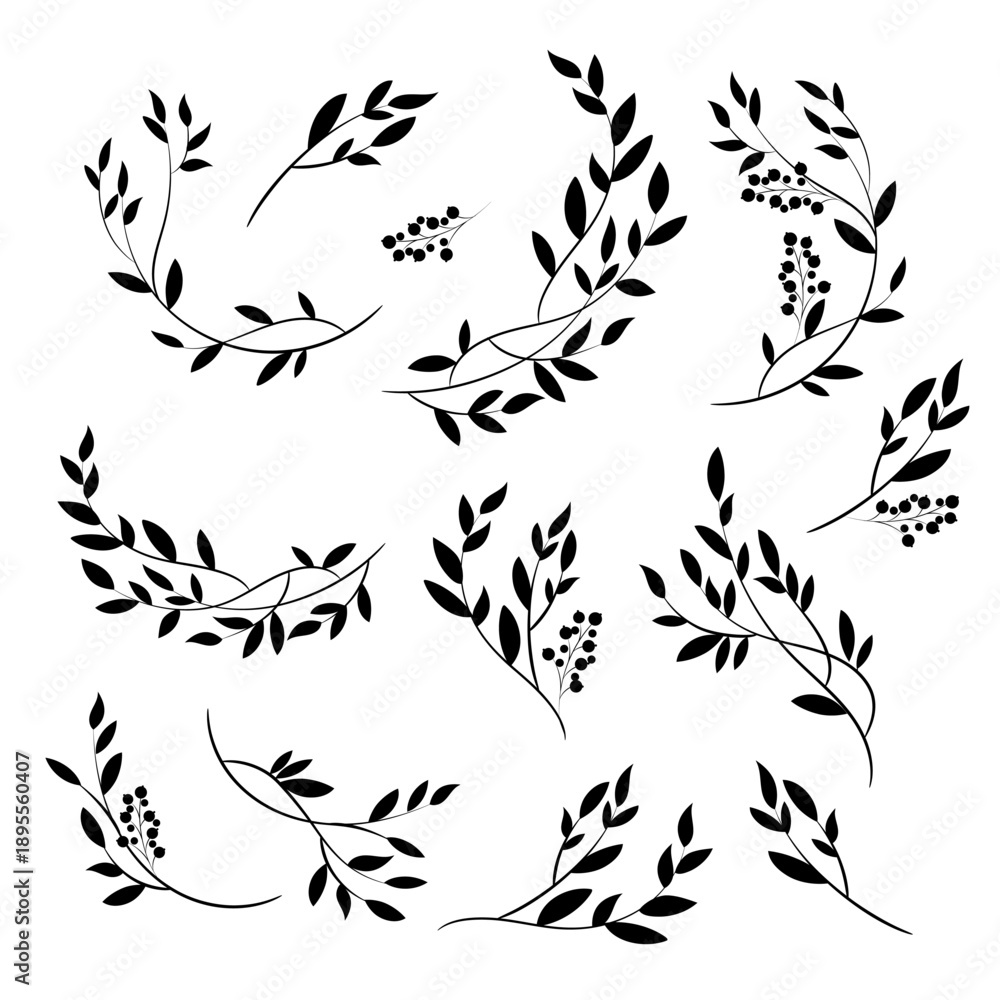 Fototapeta premium Botanical branches vector set, minimal floral line art leaves and twigs, elegant natural design elements