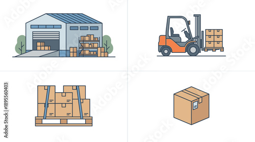 Vector illustration set of four logistics and supply chain scenes featuring a warehouse building, an orange forklift carrying boxes, a pallet with secured cargo, and a single shipping carton.