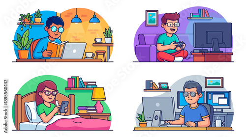 Vector set of four scenes showing people wearing blue light blocking glasses while using digital devices like laptops, smartphones, gaming consoles, and computers for eye protection and health.