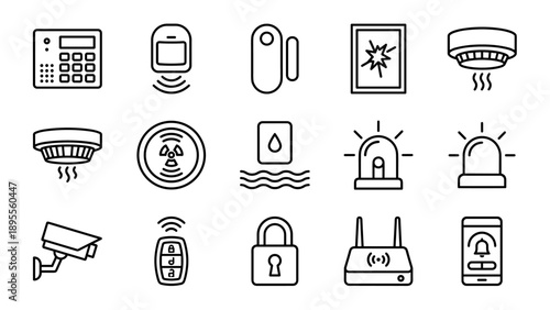 Vector Set of Home Security and Alarm System Line Icons Featuring Motion Sensors, Smoke Detectors, CCTV Camera, Smart Hub, Padlock, and Mobile App Control for Modern Safety and Protection.