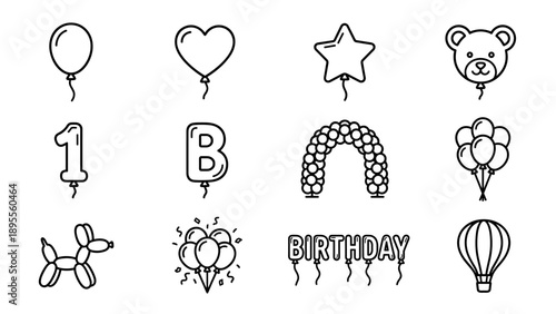 Minimalist vector set of 12 birthday party balloon line icons featuring heart, star, teddy bear, number one, letter B, arch, bunch, balloon dog, confetti, and hot air balloon on white background.
