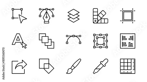 Vector Set of Graphic Design Tools Line Icons Featuring Pen Tool, Layers, Color Palette, Text, Brush, and Eyedropper in a Minimalist Style for Creative Software Interface and Web Design Projects