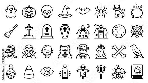 Minimalist Halloween Spooky Line Icon Set Featuring Ghost, Jack-o-Lantern, Skull, Witch Hat, Bat, Spider, Black Cat, Cauldron, Tombstone, Coffin, Haunted House, Moon, Mummy, Vampire, Zombie, Werewolf.