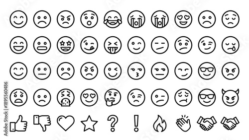 Minimalist Vector Line Icon Set of Reaction Emojis and Smileys. Features Diverse Facial Expressions like Happy, Sad, Angry, and Laughing, plus Social Media Symbols like Thumbs Up, Heart, and Fire.