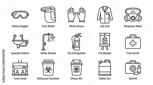Set of laboratory safety equipment line icons featuring goggles, face shield, gloves, lab coat, respirator, eyewash station, shower, fire extinguisher, first aid kit, fume hood, and waste bins.