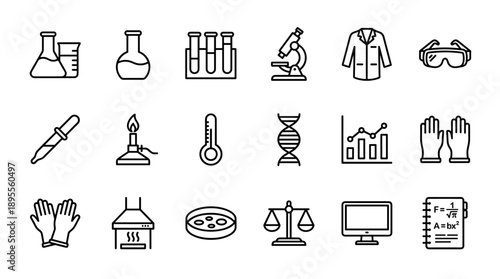 Vector Set of 18 Minimalist Science and Laboratory Line Icons Featuring Equipment Like Microscopes, Test Tubes, Flasks, DNA, Safety Gear, and Tools for Research, Chemistry, and Biology Experiments