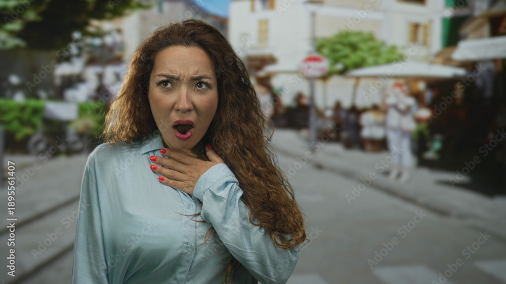 Fototapeta premium Young woman covering mouth with hand showing red nails at outdoor restaurant terrace among blurred diners and umbrellas; surprise moment.