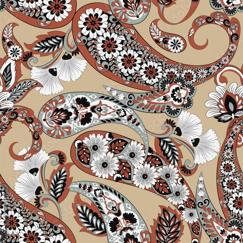 Floral seamless pattern with paisley ornament. Vector illustration in asian textile style