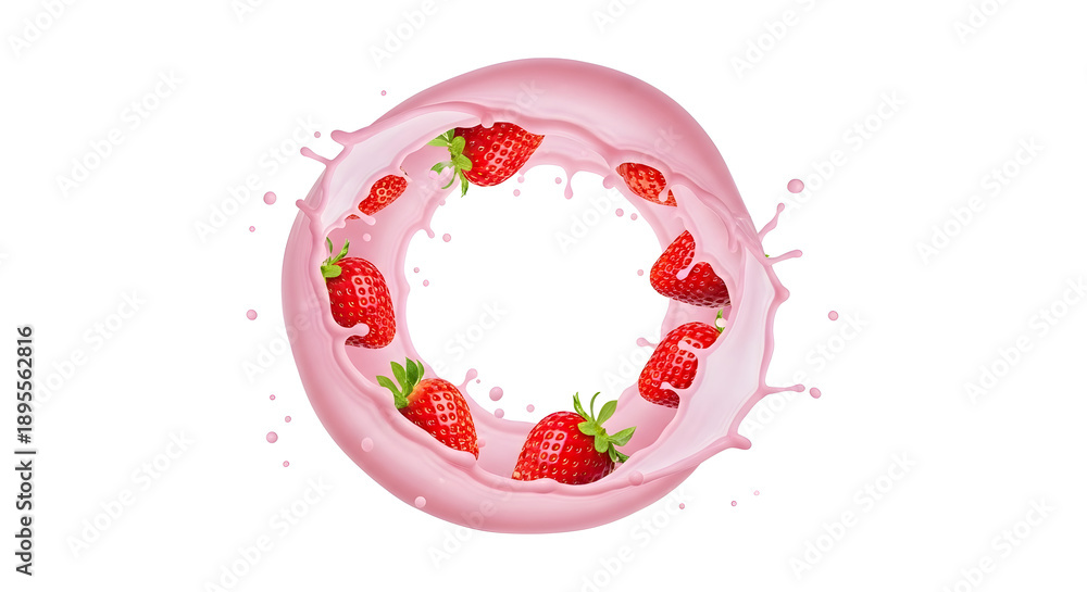 Fototapeta premium Pink Strawberry Milk Splash with Fresh Strawberries Isolated on White Background