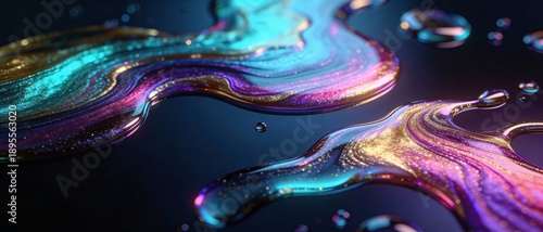Abstract swirling liquid with glitter and vibrant colors on a dark background