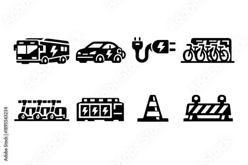 Sustainable urban mobility assets in bold vector style: electric bus, electric car, charging cable, bike dock, scooter dock, battery module, traffic cone, road