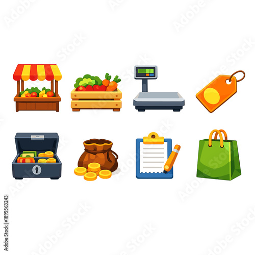 Marketplace trade essentials flat style: market stall, product crate, weighing scale, price tag, cash box, coin pouch, receipt pad, shopping bag