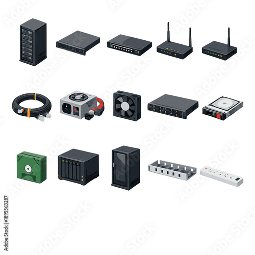 Data processing and storage equipment in isometric flat style: server rack, server unit, network switch, router, modem, cable bundle, power supply unit, cooling