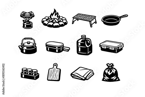 Forest Cooking and Food Supplies in outline vector style: camp stove, fire pit ring, cooking grate, cast iron pan, kettle pot, mess tin, water jug, food