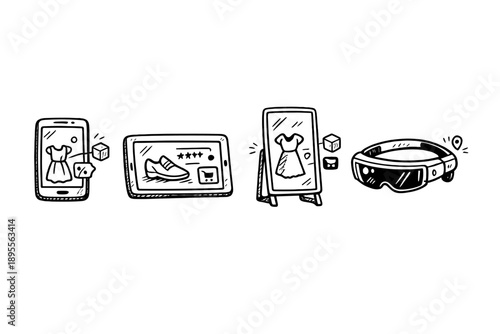 Retail augmented reality devices in doodle style: smartphone, tablet, smart mirror, headset