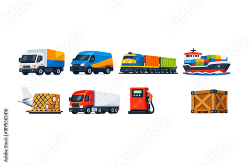 Logistics services transport vehicles in flat style: delivery truck, cargo van, freight train, cargo ship, airplane pallet, trailer truck, fuel pump, shipping
