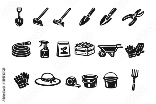 Agro tourism farm activity tools in outline vector style: shovel, hoe, rake, hand trowel, pruning shear, watering hose, spray bottle, seed packet, basket crate