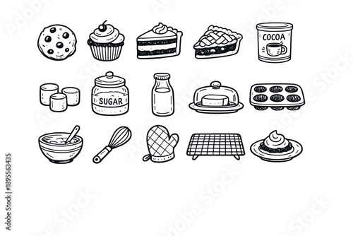 Seasonal Comfort Treats in doodle style: cookie, cupcake, cake slice, pie, cocoa tin, marshmallow, sugar jar, milk bottle, butter dish, baking tray, mixing bowl