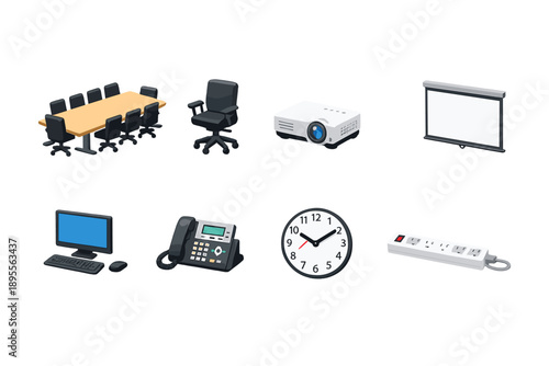 Product development meeting room equipment in isometric flat style: conference table, swivel chair, projector, projection screen, desktop computer, desk phone
