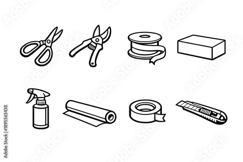 International Women’s Day flower arrangement tools in outline vector style: flower scissors, pruning shears, ribbon spool, floral foam block, spray bottle