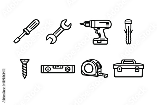 Installation and maintenance tools in outline vector style: screwdriver, wrench, drill, wall anchor, mounting screw, level tool, measuring tape, tool box