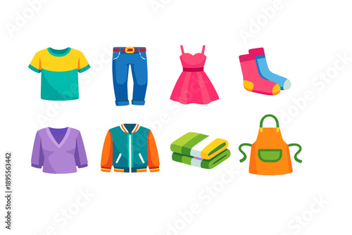 Clothing items in flat style: t-shirt, jeans, dress, socks, blouse, jacket, towel, apron
