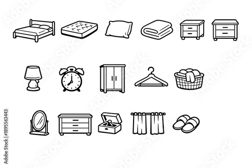Bedroom Home Living Items in outline vector style: bed frame, mattress, pillow, blanket, bedside table, bedside lamp, alarm clock, wardrobe, clothes hanger