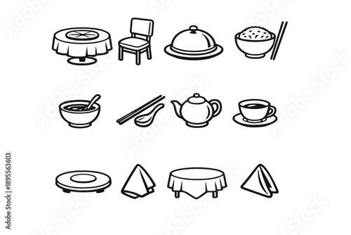 Lunar New Year Family Feast in outline vector style: round dining table, dining chair, serving platter, rice bowl, soup bowl, chopstick, soup spoon, teapot, tea