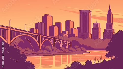 Minneapolis skyline featuring a stunning bridge, ideal for travel brochures, city guides, website banners, and social media posts. Great for showcasing cityscapes.