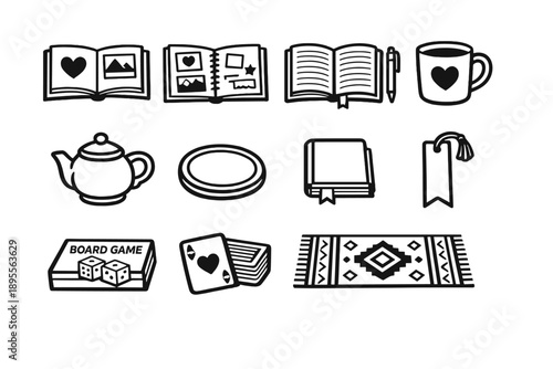 Emotional Bonding Moments in outline vector style: photo album, scrapbook, notebook, pen, mug, teapot, coaster, book, bookmark, board game box, playing card