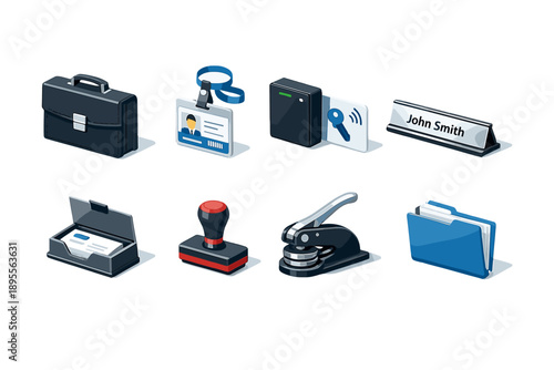 Corporate organization items in isometric flat style: briefcase, ID badge, keycard, nameplate, business card holder, stamp, seal embosser, document folder