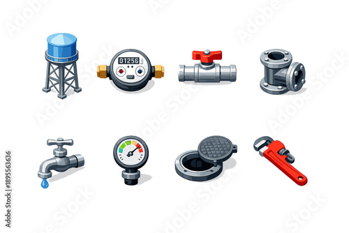 Energy and utilities water supply systems isometric flat style: water tower, water meter, shutoff valve, pipe joint, faucet tap, pressure gauge, access hatch