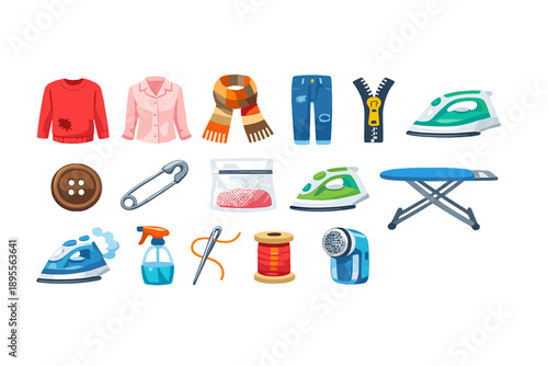Fabric damage and care items in flat style: sweater, silk shirt, wool scarf, denim jeans, zipper, button, safety pin, mesh laundry bag, iron, ironing board